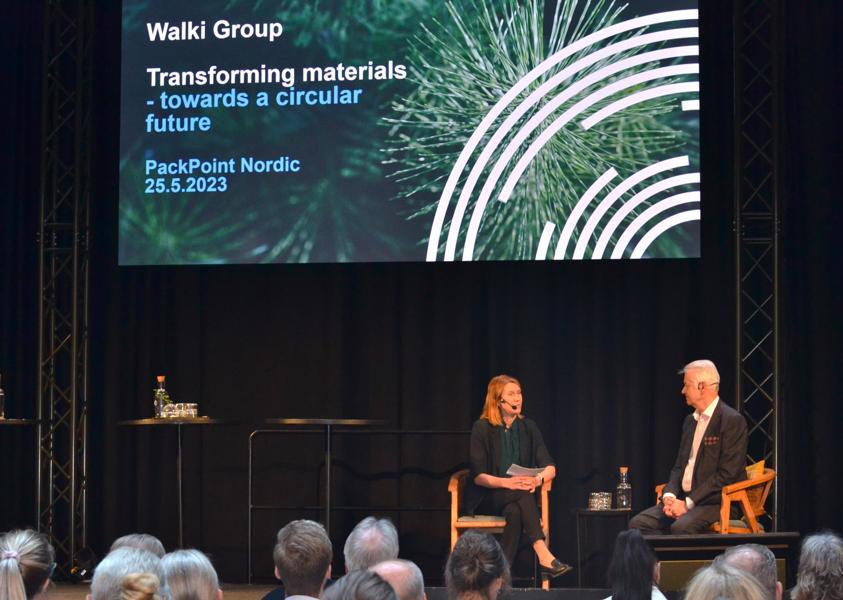 Annika Sundell, Executive Vice President, Innovation and Business Development, Walki Group i scensamtal med Per Stefan Gersbro på Pack Point Nordic 2023.