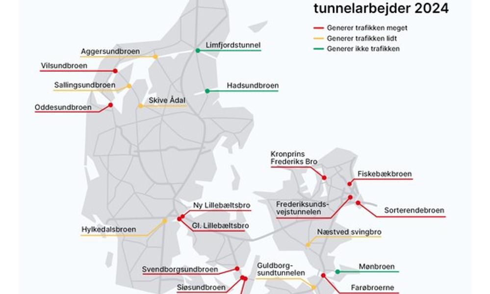 Vejdirektoratet arbejder i 2024 med renovering af 21 større broer og tunneler rundt omkring i landet. Vejdirektoratet arbejder i 2024 med renovering af 21 større broer og tunneler rundt omkring i landet.