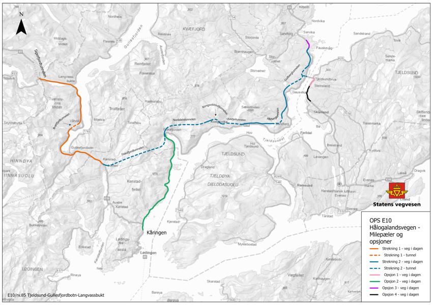 Oversiktskart: OPS-prosjektet E10/rv. 85 Tjeldsund - Gullesfjordbotn - Langvassbukt med riggområder langs traseen som skal bygges. Oversiktskart: OPS-prosjektet E10/rv. 85 Tjeldsund - Gullesfjordbotn - Langvassbukt med riggområder langs traseen som skal bygges.