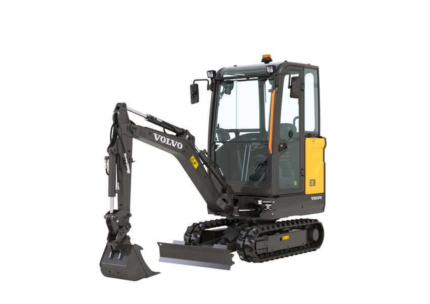 Volvo EC18 Electric väntar på att provköras i montern. Volvo EC18 Electric väntar på att provköras i montern.