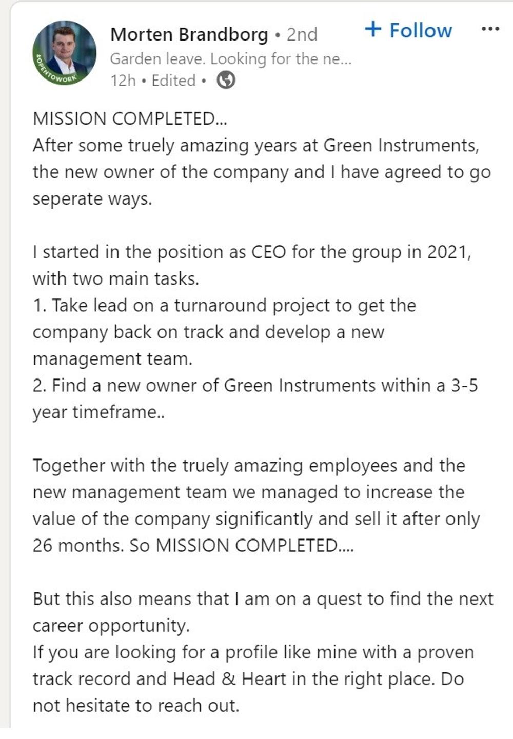 Morten Brandborg forlader Green Instruments, maj 2024 Morten Brandborg forlader Green Instruments, maj 2024