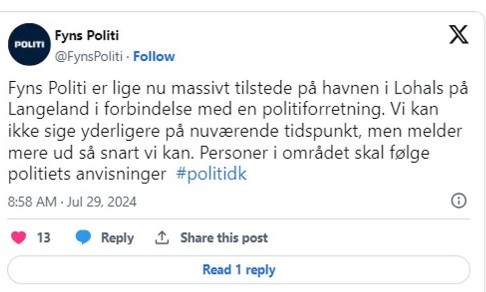 Fyns Politi er massivt til stede i Lohals på Langeland. Fyns Politi er massivt til stede i Lohals på Langeland.