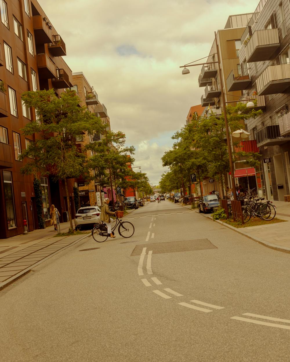 Kniber man øjnene sammen, kan man skimte trætoppene i Fælledparken for enden af Aarhusgade. Kniber man øjnene sammen, kan man skimte trætoppene i Fælledparken for enden af Aarhusgade.