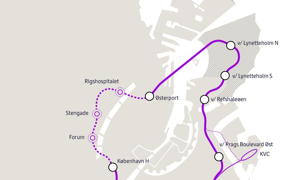 Den nye metrolinje i København, M5, skal over 10 stop køre mellem Københavns Hovedbanegård og Østerport via Islands Brygge, Amagerbrogade, Refshaleøen og Lynetteholm og Østerport. Den nye metrolinje i København, M5, skal over 10 stop køre mellem Københavns Hovedbanegård og Østerport via Islands Brygge, Amagerbrogade, Refshaleøen og Lynetteholm og Østerport.