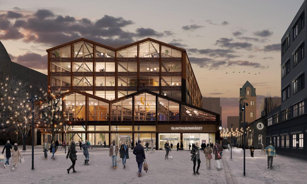 Visionsbild över det nya stationshuset som byggs i Slakthusområdet i Stockholm. Visionsbild över det nya stationshuset som byggs i Slakthusområdet i Stockholm.