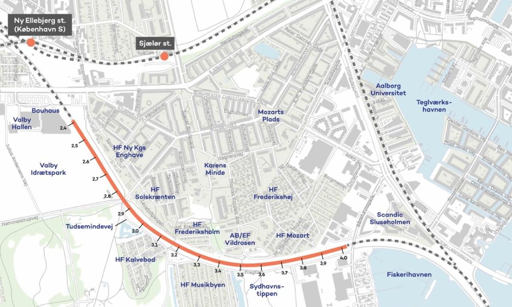 Den røde linje markerer Kalvebod-sporets potentielle placering i det sydlige København. Den røde linje markerer Kalvebod-sporets potentielle placering i det sydlige København.