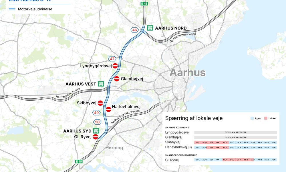 Der vil i takt med, at tunnelerne langs E45 skal udvides, være perioder med spærringer af flere lokale veje, der krydser motorvejen. Der vil i takt med, at tunnelerne langs E45 skal udvides, være perioder med spærringer af flere lokale veje, der krydser motorvejen.