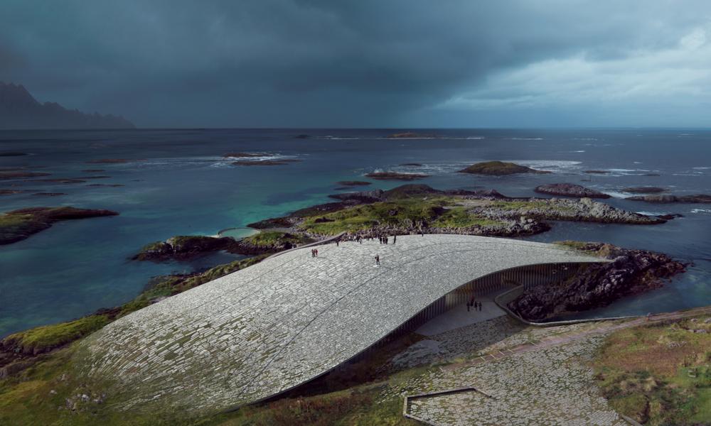 En bygning, der smelter sammen med landskabet. Oplevelsescentret The Whale i Norge er et meget markant projekt for Dorte Mandrup. Det ventes færdigbygget i 2027. En bygning, der smelter sammen med landskabet. Oplevelsescentret The Whale i Norge er et meget markant projekt for Dorte Mandrup. Det ventes færdigbygget i 2027.