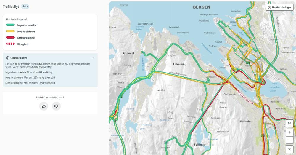 Her ser du ettermiddagsrushet i Bergen. Den nye køvarslingen viser trafikken i sanntid på alle europa- , riks-, fylkes- og de mest trafikkerte kommunale veiene i Norge. Her ser du ettermiddagsrushet i Bergen. Den nye køvarslingen viser trafikken i sanntid på alle europa- , riks-, fylkes- og de mest trafikkerte kommunale veiene i Norge.