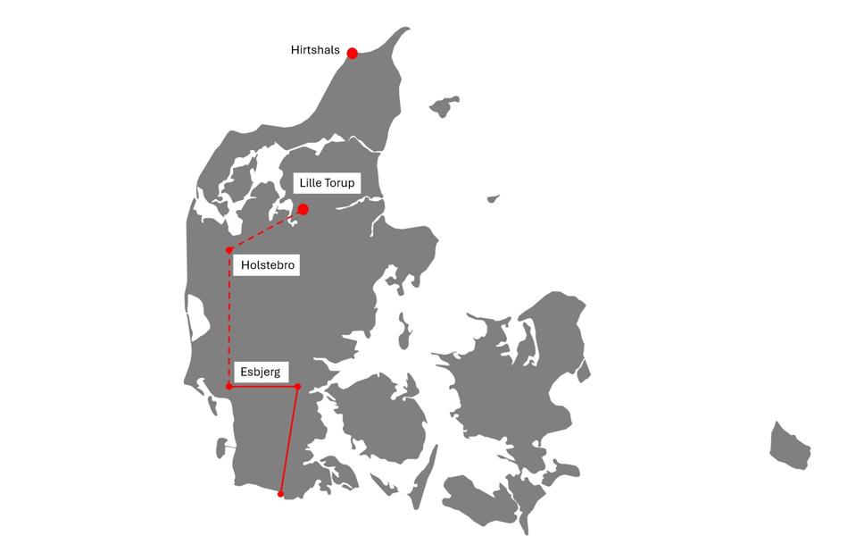 I januar 2025 aftalte et flertal i Folketinget at realisere første del af en dansk brintinfrastruktur; minimumsstrækningen Tyskland-Esbjerg, som efter planen skal stå klar før 2030. En fuldt udbygget infrastruktur omfatter rørføring langs den jyske vestkyst, hvorefter den skal føres ind til gaslageret ved Lille Torup (stiplet linje). I januar 2025 aftalte et flertal i Folketinget at realisere første del af en dansk brintinfrastruktur; minimumsstrækningen Tyskland-Esbjerg, som efter planen skal stå klar før 2030. En fuldt udbygget infrastruktur omfatter rørføring langs den jyske vestkyst, hvorefter den skal føres ind til gaslageret ved Lille Torup (stiplet linje).