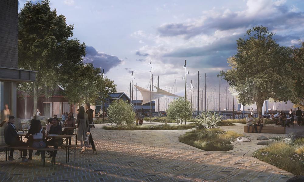 Aftenstemning på det kommende havnetorv i Juelsminde. Den eksisterende gule tegl fra handelsgaden Odelsgade føres ind på torvet - og møder bolværkstræet, der anvendes til Promenaden. Bede med hjemmehørende arter, strandurter mv. trækker områdets særlige kystnatur helt ind i midten af byen. Aftenstemning på det kommende havnetorv i Juelsminde. Den eksisterende gule tegl fra handelsgaden Odelsgade føres ind på torvet - og møder bolværkstræet, der anvendes til Promenaden. Bede med hjemmehørende arter, strandurter mv. trækker områdets særlige kystnatur helt ind i midten af byen.