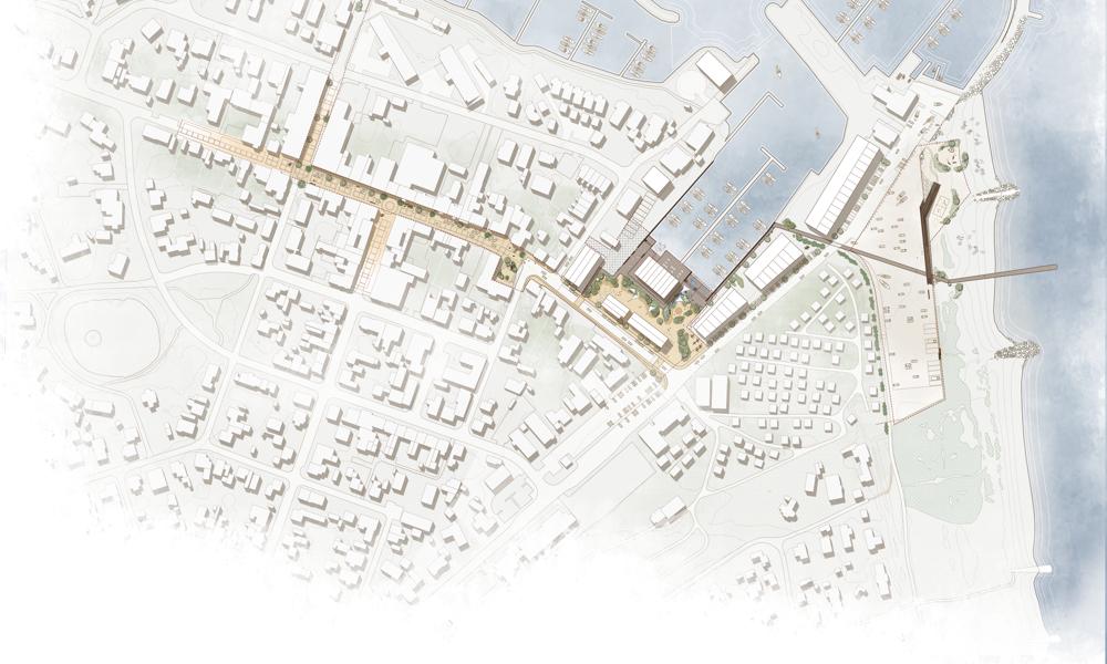 Visualisering af Juelsminde fra oven, som viser princippet i de nye forbindelser mellem by, havn og strand. Næse fase bliver en detailprojektering i samarbejde med eksisterende aktører på havnen og i byen. Visualisering af Juelsminde fra oven, som viser princippet i de nye forbindelser mellem by, havn og strand. Næse fase bliver en detailprojektering i samarbejde med eksisterende aktører på havnen og i byen.