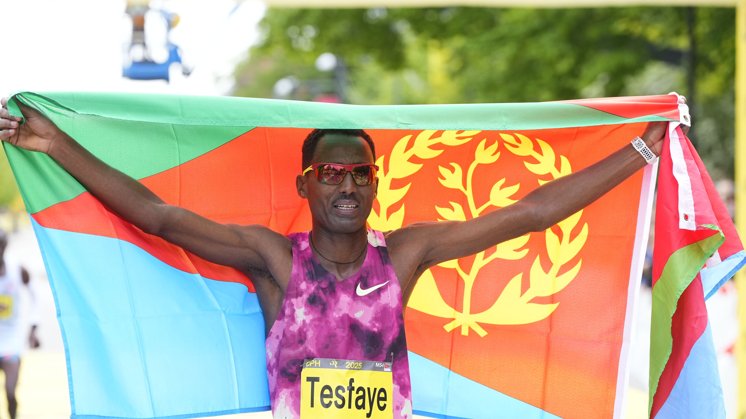 Berhane Tesfaye was the first man to cross the finish line.