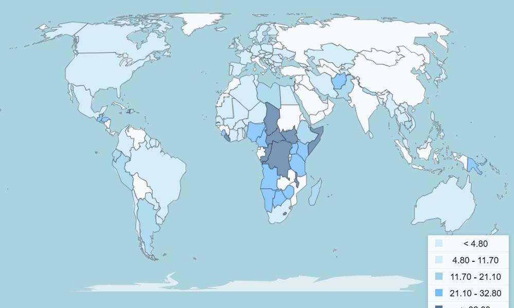 Udbredelsen af alvorlig fødevareusikkerhed i befolkningen. Fødevareusikkerhed er en vedvarende udfordring i Afrika. Antallet af mennesker, der er fødevareusikre, steg med 60 procent mellem 2014 og 2023. Udbredelsen af alvorlig fødevareusikkerhed i befolkningen. Fødevareusikkerhed er en vedvarende udfordring i Afrika. Antallet af mennesker, der er fødevareusikre, steg med 60 procent mellem 2014 og 2023.