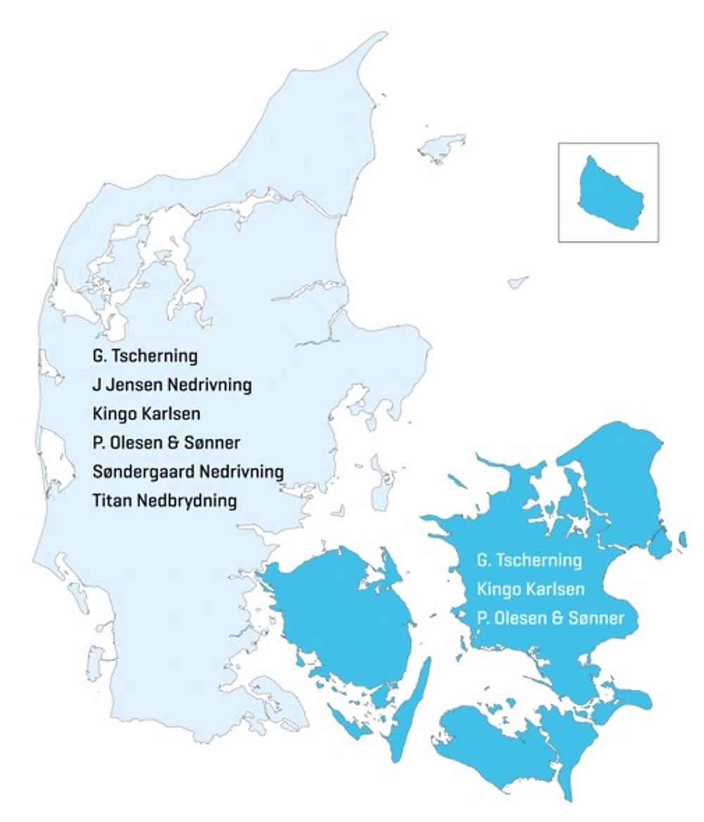 Bygningsstyrelsens rammeaftale om nedrivning af minkerhvervet produktionsanlæg er opdelt i to separate rammeaftaler. Rammeaftale Vest dækker hele Jylland, mens Rammeaftale Øst dækker alt øst for Lillebælt. Bygningsstyrelsens rammeaftale om nedrivning af minkerhvervet produktionsanlæg er opdelt i to separate rammeaftaler. Rammeaftale Vest dækker hele Jylland, mens Rammeaftale Øst dækker alt øst for Lillebælt.