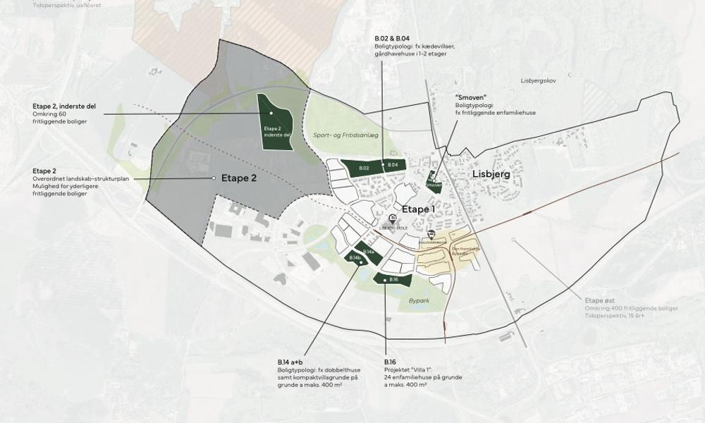 Kort over Lisbjerg. I byggefelt 02 og 04 skal der være fx kædevillaer og gårdhavehuse på min 120 m2. Byggefelt 14a og b er tiltænkt dobbelthuse og kompaktvillagrunde på maksimalt 400 kvm. Byggefelt 16 er under salg til kompaktvillagrunde med projektet ’Villa 1’, som består af 24 enfamiliehuse. Endeligt er det tanken at give plads til fritliggende enfamiliehuse i etape 2 mod vest. Kort over Lisbjerg. I byggefelt 02 og 04 skal der være fx kædevillaer og gårdhavehuse på min 120 m2. Byggefelt 14a og b er tiltænkt dobbelthuse og kompaktvillagrunde på maksimalt 400 kvm. Byggefelt 16 er under salg til kompaktvillagrunde med projektet ’Villa 1’, som består af 24 enfamiliehuse. Endeligt er det tanken at give plads til fritliggende enfamiliehuse i etape 2 mod vest.