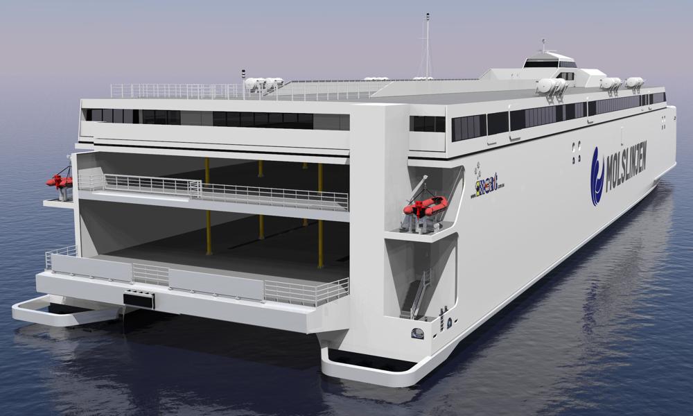 Byggeriet er i gang på værftet Incat i Tasmanien, der også har bygget Molslinjens 'Express 2' og 'Express 3'. Byggeriet er i gang på værftet Incat i Tasmanien, der også har bygget Molslinjens 'Express 2' og 'Express 3'.