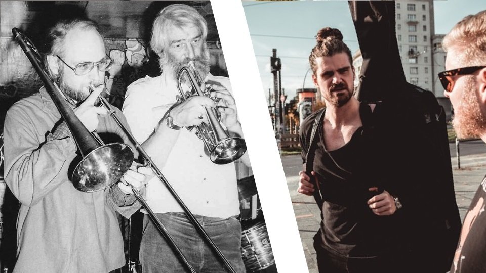 Skal Aalborg tage næste skridt som jazzby, skal generationerne samarbejde, mener Tore Mortensen, leder af jazzcentret. Det kommer dog til at kræve drastiske omvæltninger på centret, mener repræsentanter fra den yngre generation. Her Limeriver Jazzband med Poul Erik Broberg og Jørgen Schou. Til højre Kenneth Dahl Knudsen og Mathias Fischer - ingen af dem optræder i artiklen, men har kendetegnet miljøerne. Foto: Knud Lauridsen og Lucas Illanes. Grafik Jette Klokkerholm