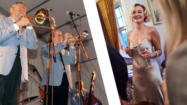 Det var Center for Dansk Jazzhistorie i Aalborg, der for nyligt klædte journalisterne bag DRs populære podcast ’Farlige Toner’ på med fakta og anekdoter og gravede lydoptagelser frem. Fremover vil de også spille en endnu større rolle i Aalborgs jazzliv. Her billeder fra henholdsvis frokostjazz og Jazz hos Ina. Arkivfoto og Henrik Bo. Grafik: Jette Klokkerholm