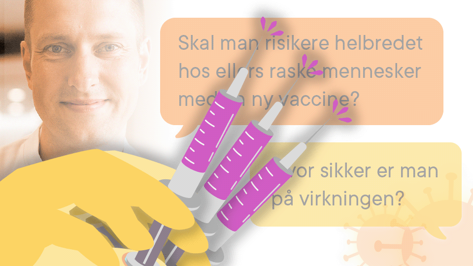 Ledende overlæge Michael Dalager-Pedersen, Aalborg Universitetshospital, svarer på spørgsmål om covid-19-vaccinen. Illustration: Christian Made Hagelskjær