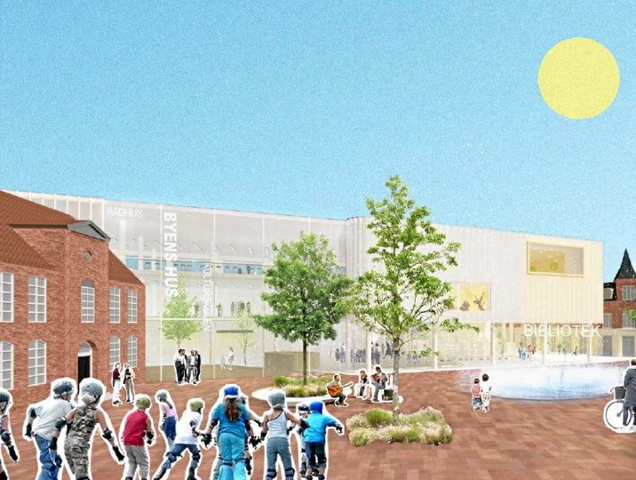Skitse fra ”Hobro Kultur - og rådhus - forundersøgelse”, Arkitektfirmaerne LYTT og AART