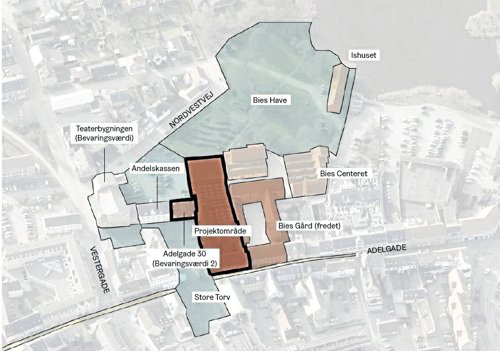 Skitse over området ved Store Torv i Hobro. Fra ”Hobro Kultur - og rådhus - forundersøgelse”, Arkitektfirmaerne LYTT og AART