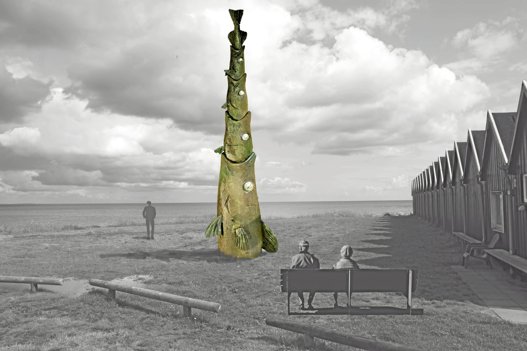 Kunstner Bjørn Kromann-Andersen fra Aarhus har fundet inspiration hos canadiske kystindianeres totempæle til den skulptur, han vil lave til Øster Hurup. Visualisering udlånt af kunstneren