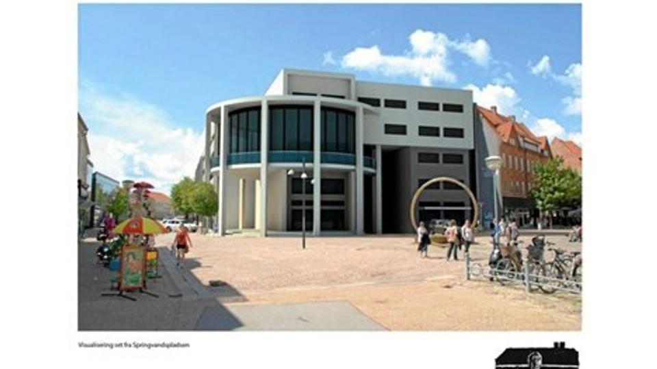 Sådan kommer rådhuset til at se ud fra Springvandspladsen. Illustration: Arkitektfirmaet Finn Østergaard A/S
