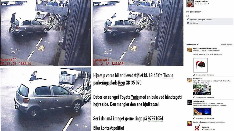 Hvad gør man, når ens bil bliver hugget ved højlys dag. Man ringer til politiet og anmelder tyveriet, men Ingrid Nielsen i Sperring gik et skridt videre. Hun lage en efterlysning med overvågningsbilleder af tyveriet ud på facebook og håber nu på nyt om familiens bil.