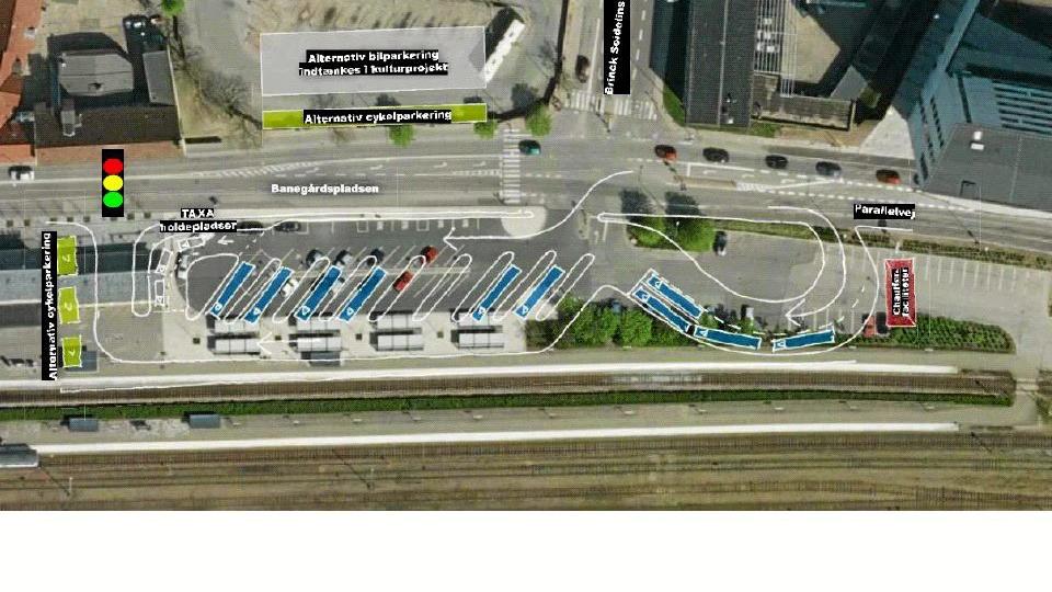 Det foreløbige udkast til placering af den nye rutebilstation øst for DSBs stationsbygning.