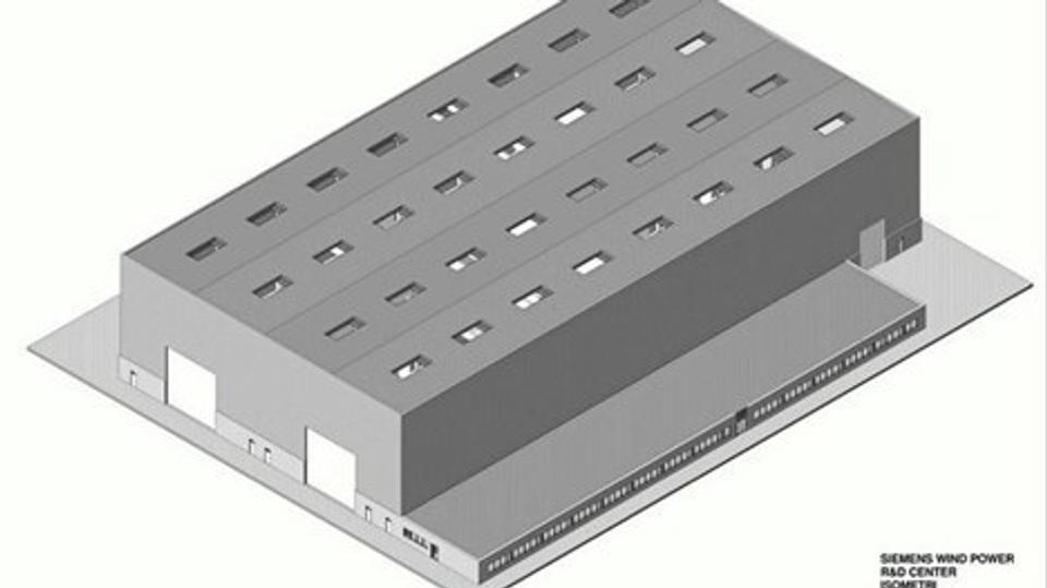Det bliver en ganske stor bygning, som skal rumme testfaciliteterne for blandt andet de helt store møllehatte - naceller - inden de skal op i toppen af et mølletårn.Illustration: Siemens Windpower
