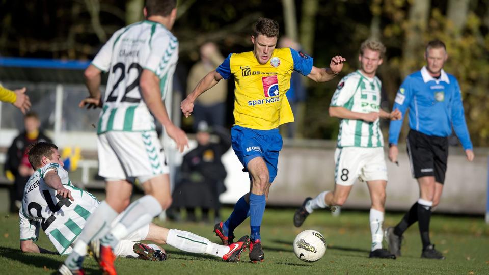 Kasper Fisker var tæt på at afgøre kampen til Hobros fordel. Foto: Lars Pauli <i>Foto: Henrik Bo</i>