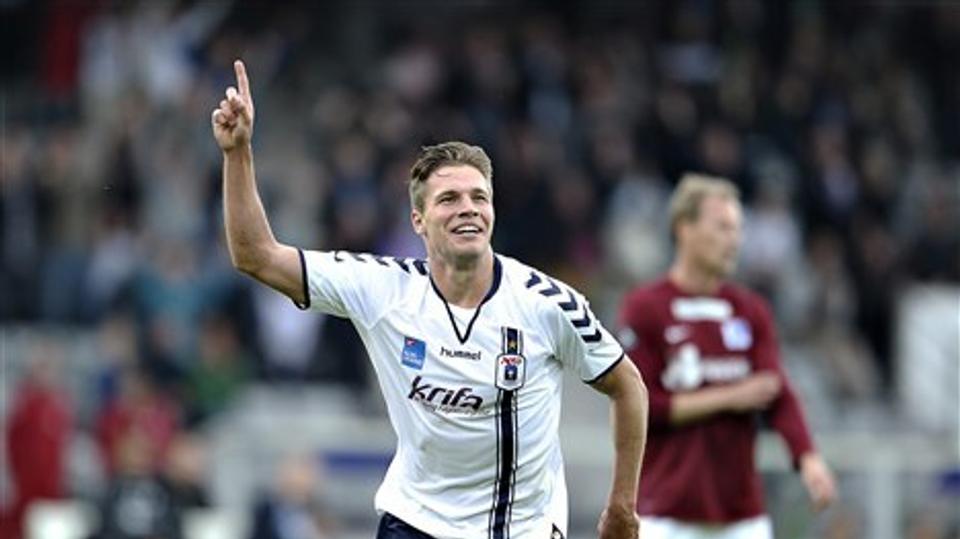 Stephan Petersen scorede mod FC Hjørring i AGF's 2-0 sejr.
Foto: Scanpix