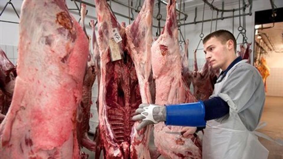 Slagersvend Søren Skødt ved kronvildt i kølerummet. Foto: Torben Hansen