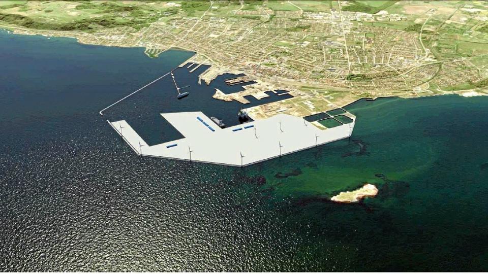 I den oprindelige plan for havneudvidelse indgik syv møller på havnemolen (visualisering) .