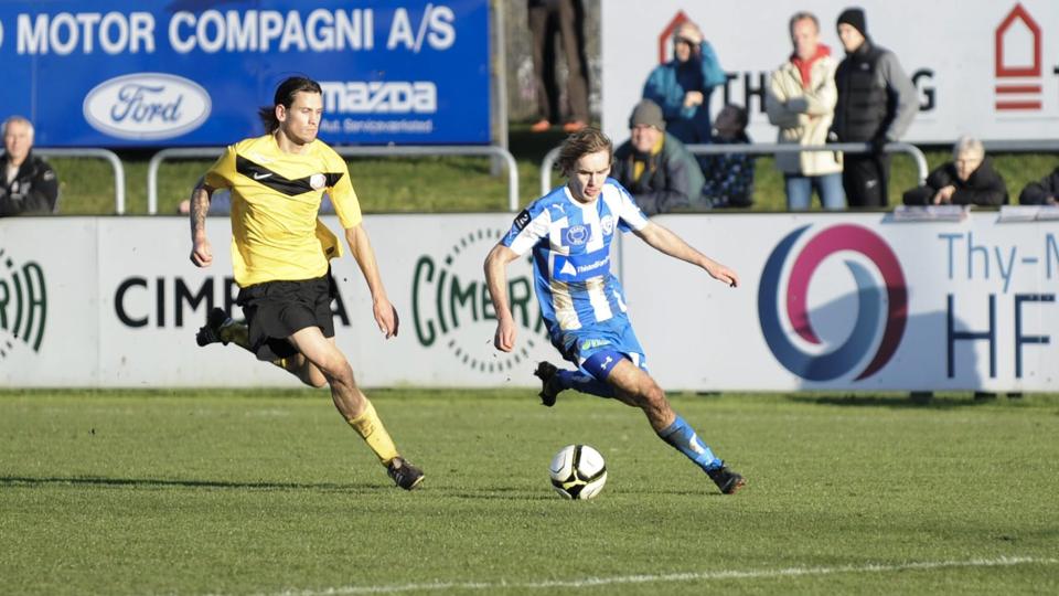 Kasper Østervemb blev dobbelt målscorer for Thisted FC i udekampen mod Næsby, og han stod også for oplægget til fynboernes selvmål. Arkivfoto: Diana Holm <i>diana.holm@nordjyske.dk</i>