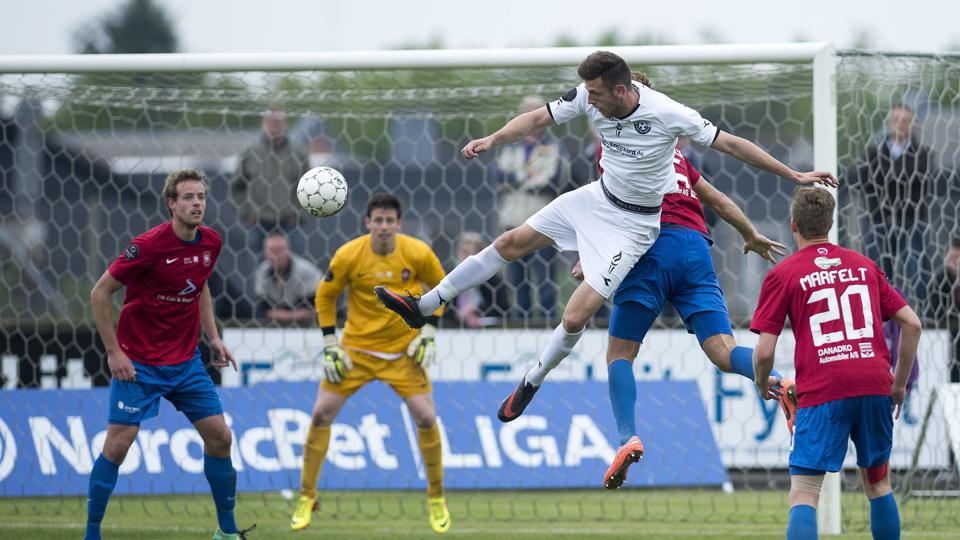 Mads Greve ramte overliggeren, men Vendsyssel kunne ikke få hul på bylden mod Hvidovre. Foto: Peter Broen