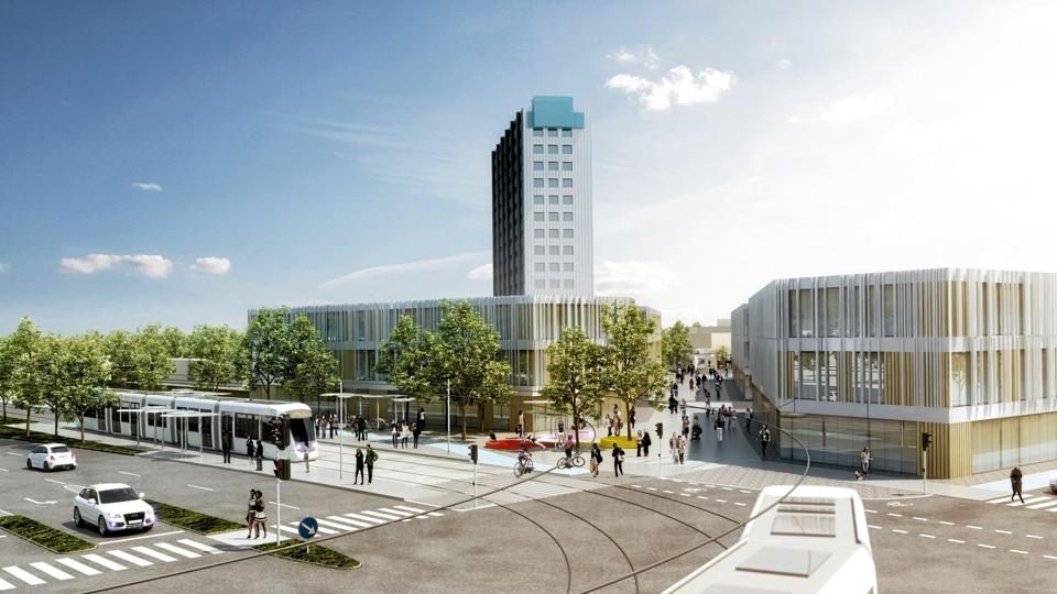 På gårsdagens budgetforligsmøde blev der samlet set fundet 176 af kommunens egenfinansiering til Aalborg Letbane, her ved krydset Grønlands Torv/Sohngårdsholmsvej. Illustration: Henning Larsen Architects
