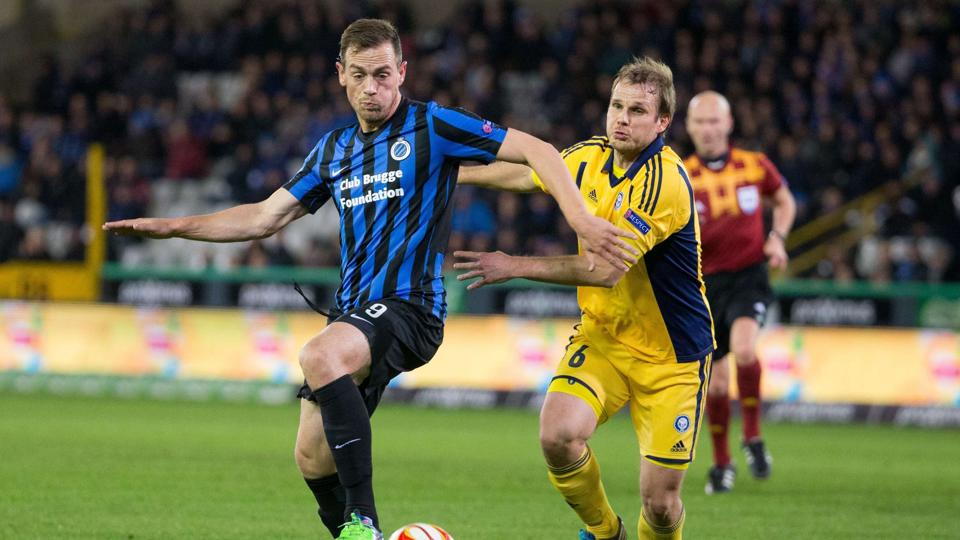Tom De Sutter scorede Club Brugges enlige mål mod Lokeren. Her ses han i en tidligere kamp i Europa League mod Helsinki. Foto: Kurt Desplenter/Scanpix <i>Scanpix Denmark</i>