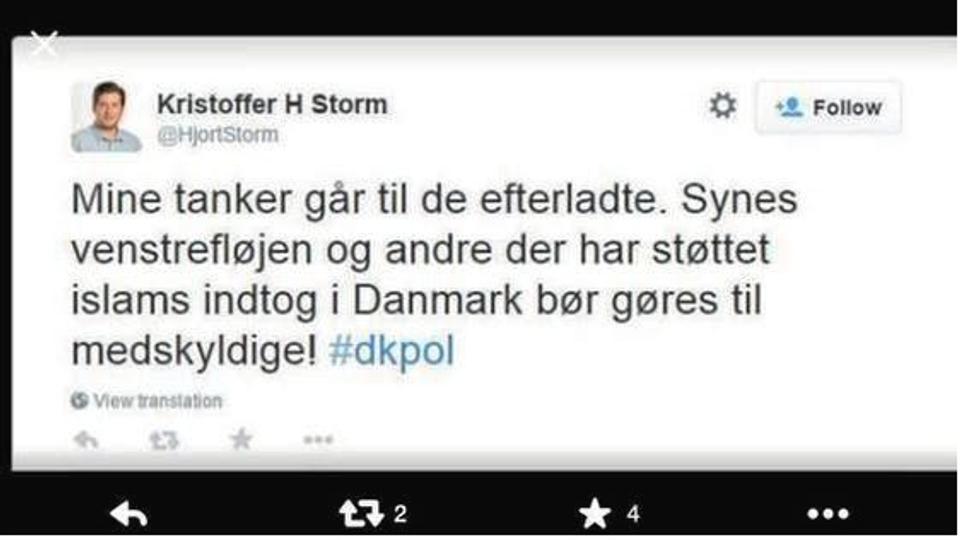 Kristoffer Hjort Storms besked på Twitter vakte stor opsigt. Han har siden trukket den tilbage.