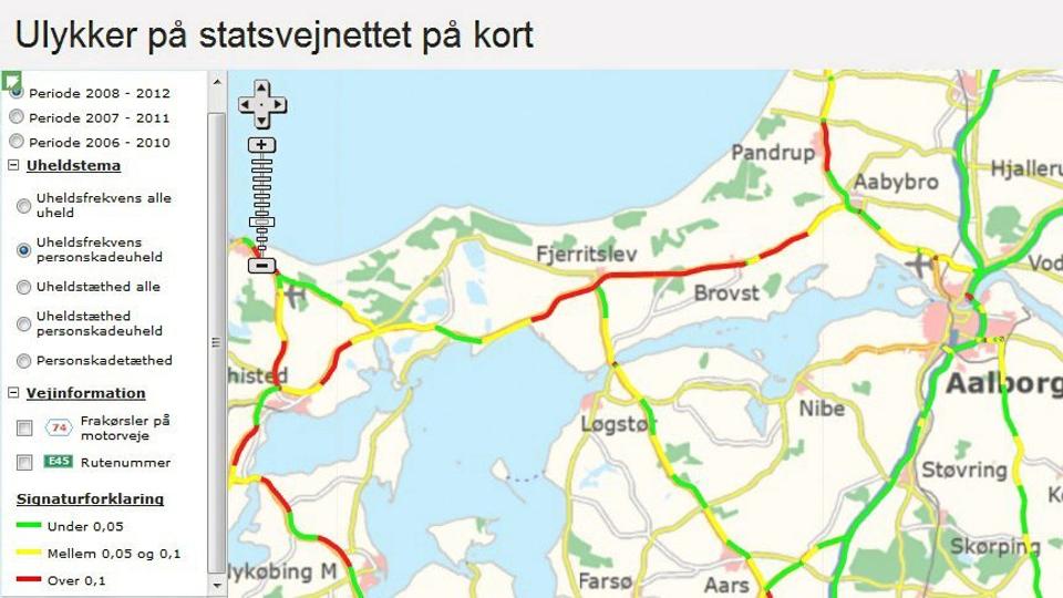 Den røde farve på hovedvej 11 mellem Fjerritslev og Aabybro viser, at der er sket forholdsvis mange ulykker med personskader. Kort: Vejdirektoratet.dk