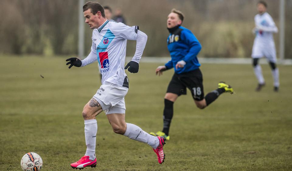 Mikkel Thygesen spillede 90 minutter i lørdagens kamp for Hobro, men som resten af holdet var han ikke farlig nok. Foto: Martin Damgård