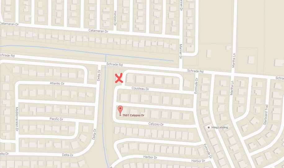 Det var huset ved det røde kryds, der skulle have været revet ned. I stedet endte Lindsay Diaz’ hus med at måtte lade livet. Foto: Google Maps