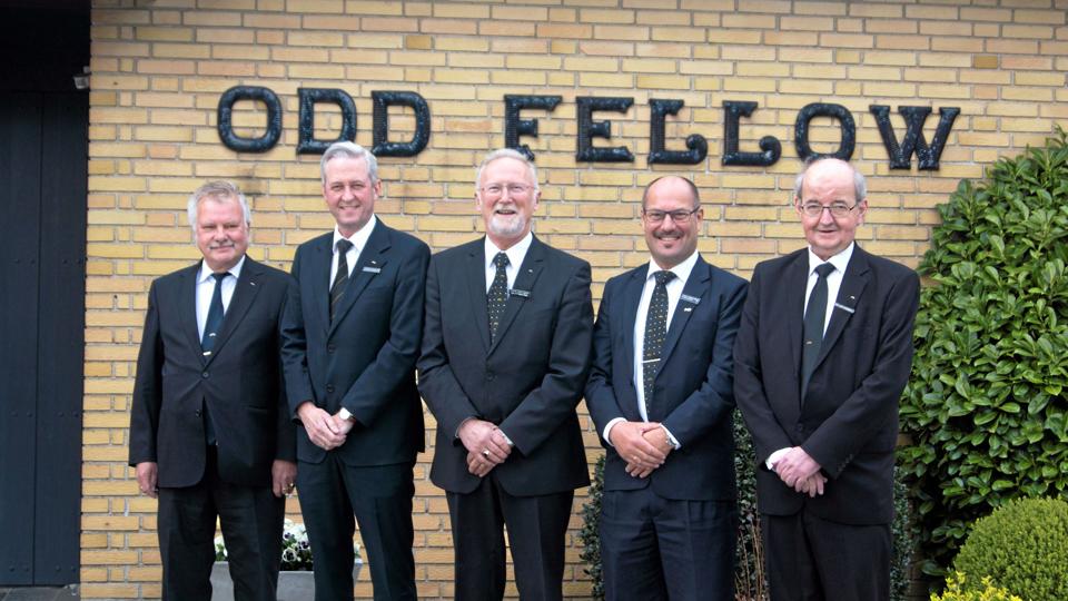 Kjeld Asbjørn Thomsen, Johnny Brink, Bjarke Steen Larsen, Kjeld Sønderbak Christensen og Bertel Bjerre Christensen udgør logens nye ledelse. Privatfoto