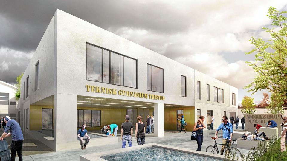 Indgangspartiet til det nye tekniske gymnasium i Thisted. Illustration. Raabys Tegnestue