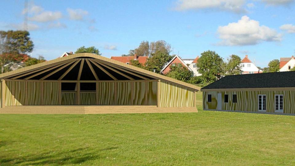 Visualisering af Klosterscenen - og den tilhørende bygning, der skal rumme bl.a. toiletter, kontor, mødelokale og lager.