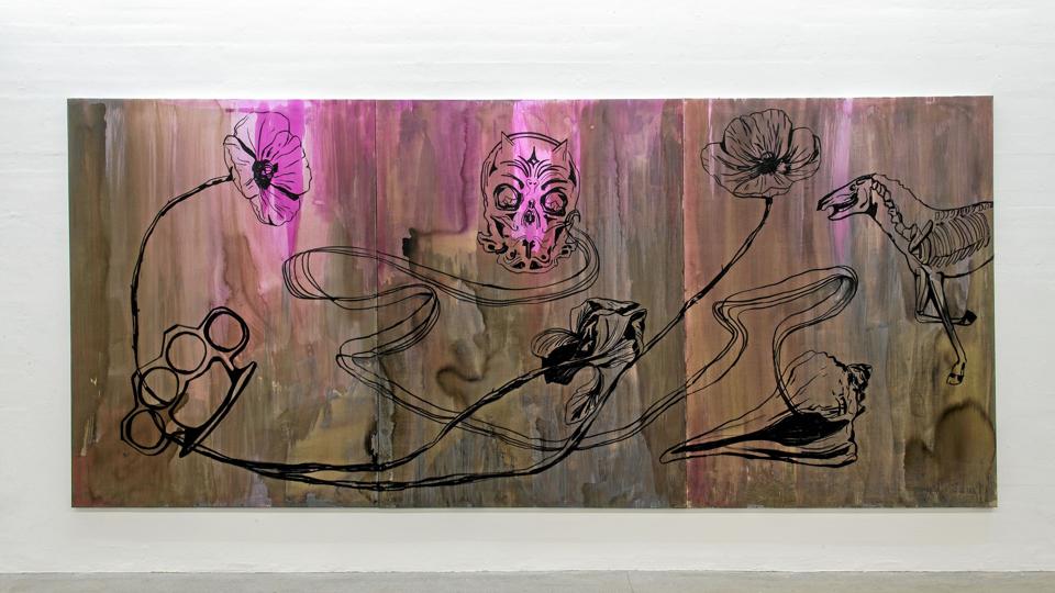 ”We are the night”. (2015) Værket er Adam Saks hid indtil største maleri på 5.4 x 2,4m. Det er både løst udflydende som en akvarel og monumental tæt i sit maleriske udtryk. Foto: Niels Fabæk