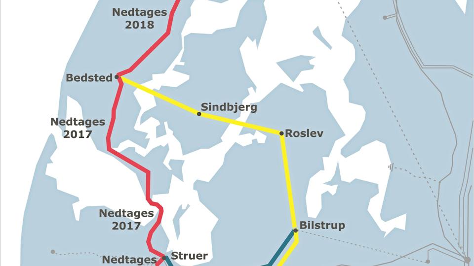 Af kortet fremgår de strækninger, hvor højspændingsledningerne i luften erstattes af kabler i jorden. Arbejderne går i gang mandag 3. august og forventes afsluttet i 2018.? Kort: Energinet.dk