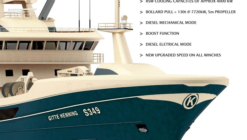 En ny S349 ”Gitte Henning” af Skagen er på tegnebordet i Norge. Den bliver 90,45 meter lang. Tegning: Salt Ship Design