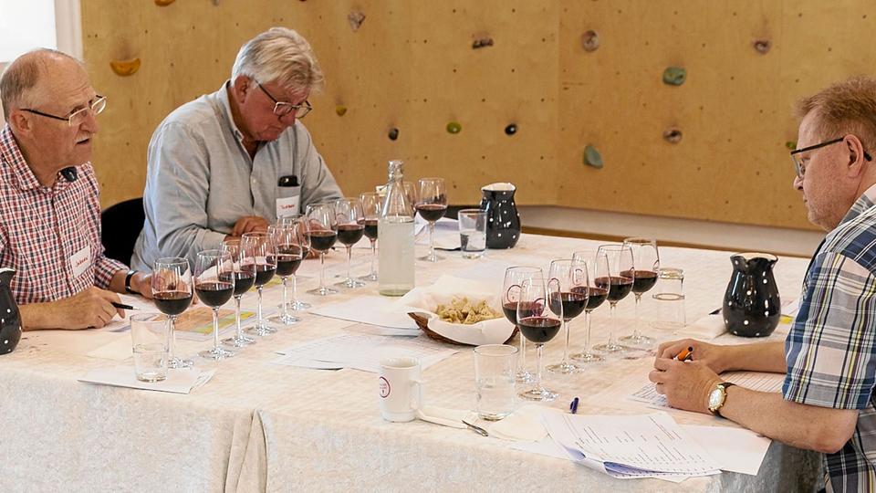 Der var intens farve i de røde vin, vi vurderede. Jeg var på hold med i midten Torben Møller Sørensen, Vinkyperens Vinkurser på Fyn, og til højre vinimportør Helge Sidor, Compagniet i Solrød. <i>Jørgen la Cour-Harbo</i>